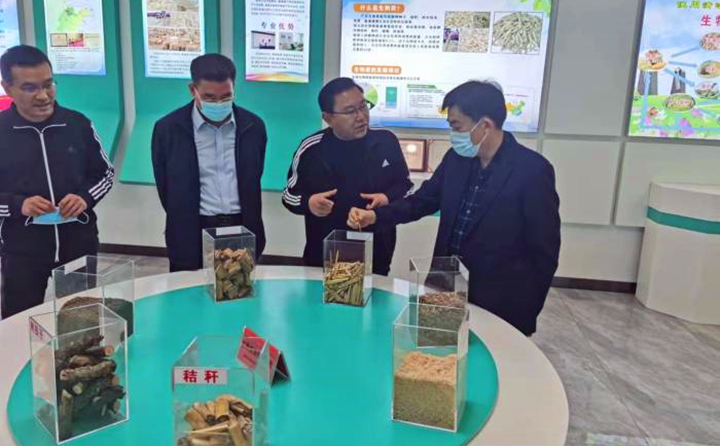 郝吉虎深入了解木屑造粒機生產線工作情況和顆粒機加工的生物質原料的收、儲、運和產品的生產、銷售、運輸等環節